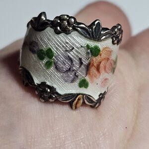 Vintage Vargas Guilloche Pink Floral Enamel Sterling Silver Ring 1940s Sz 5